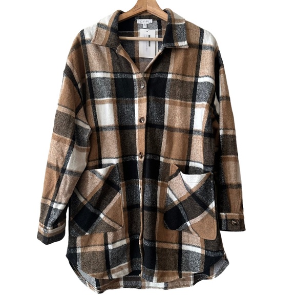 Calista Plaid Wool Blend Flannel Tan Mid Length Button Up Shirt Jacket Shacket - Picture 1 of 9